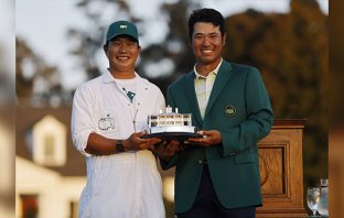 Matsuyama’s entourage Shota Hayafuji and Hideki Matsuyama after the win