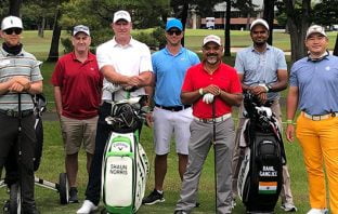 L to R - Scott Vincent, Shaun Norris (with bag), Rahil and Angelo Que (1st from R) . Caddies are in shorts
