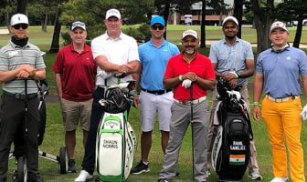 L to R - Scott Vincent, Shaun Norris (with bag), Rahil and Angelo Que (1st from R) . Caddies are in shorts