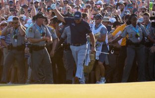 PGA Championship sees spectator chaos Phil Mickelson emerges from the swarm of fans onto the final green | Photo: Golf Channel