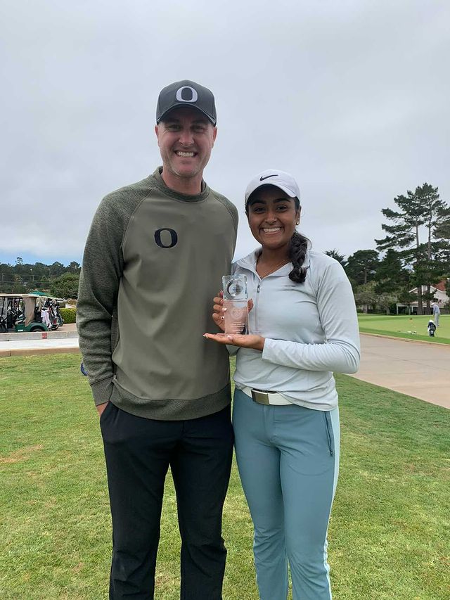 Derek Radley (Oregon Women's Golf Head Coach) with Anika Varma at the NCGA event earlier in July