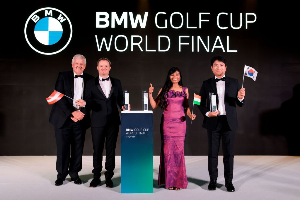 BMW Golf Cup World Final, Dubai. Colin Montgomerie, Markus Rosenthaler, Parita Vinod Kothari, Moonhwi Lee.