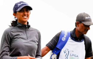 Aditi Ashok with her father on the bag at Drive On Championship