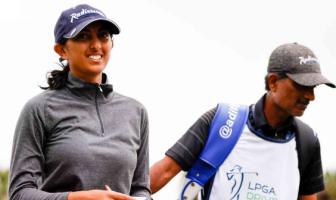 Aditi Ashok with her father on the bag at Drive On Championship