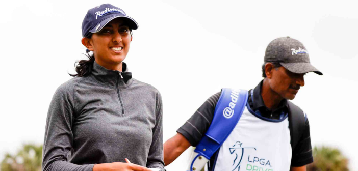 Aditi Ashok with her father on the bag at Drive On Championship