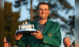 American Scottie Scheffler with The Masters winner trophy